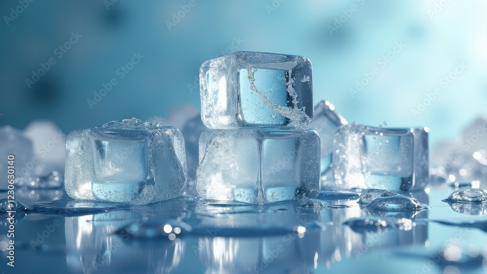 Fresh ice cubes melting in a row on a reflective wet surface with water droplets Fresh ice cubes melting in a row on a reflective wet surface with water droplets
