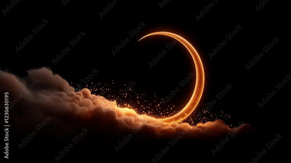 A crescent in the clouds with two bright lights emanating from its center A crescent in the clouds with two bright lights emanating from its center