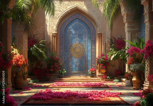 A Sunlit Ornate Hallway with a Large Blue Door, Surrounded by Vibrant Flowers and Foliage

