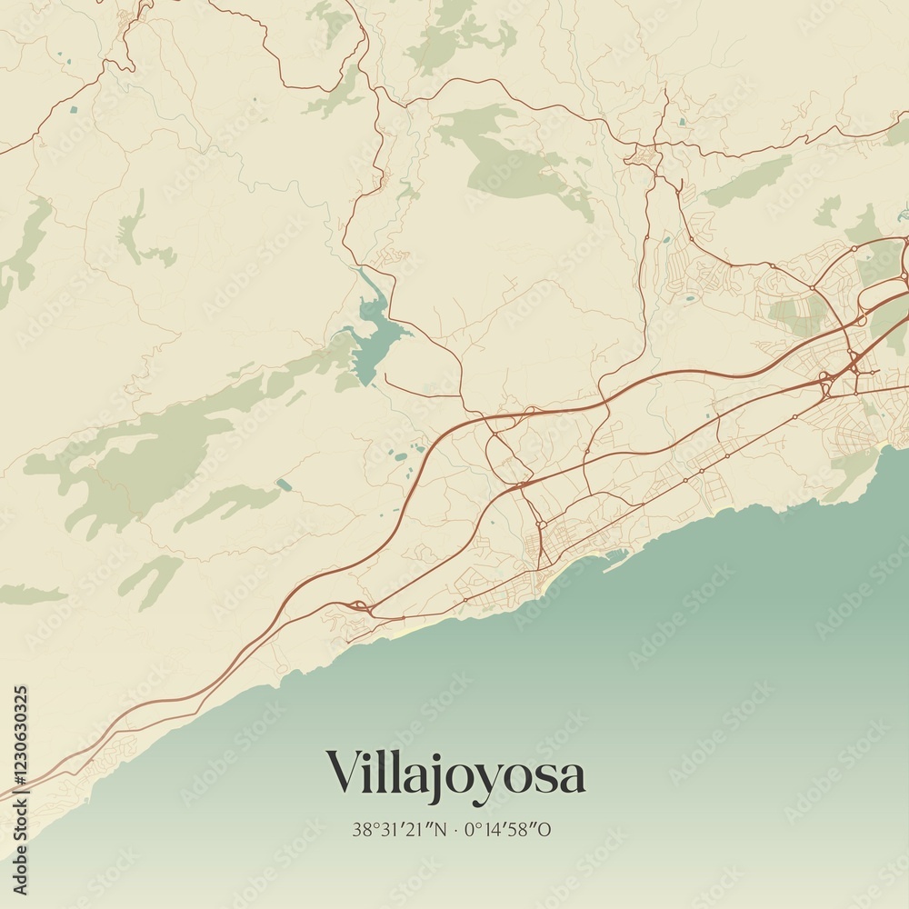 Naklejka premium Retro Spanish map of Villajoyosa, Comunidad Valenciana. Vintage street map.
