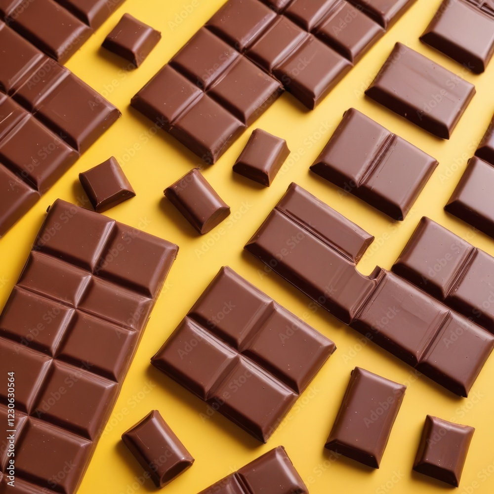 Chocolate bars on yellow background, closeup, space for text, copy space
Chocolate bars on yellow background, closeup, space for text, copy space