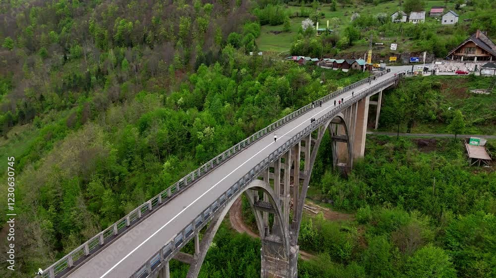 Drone View of Dzhurdzhevich Bridge in Montenegro.Tara River Drone View of Dzhurdzhevich Bridge in Montenegro.Tara River