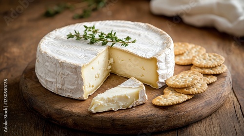 Creamy Camembert cheese wheel, sliced, served with crackers on wooden board. photo