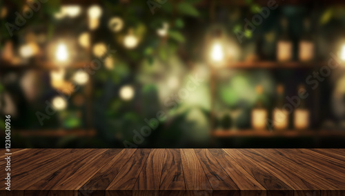 A close-up view of a rustic wooden tabletop with a blurred background of a dimly lit bar interior. Rustic wooden table with a blurred background of warm lights and greenery.