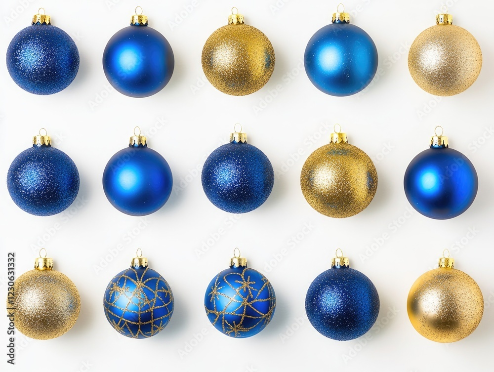 A collection of twelve blue and gold ball ornaments, representing a traditional holiday set.