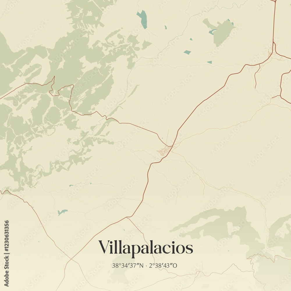 Fototapeta premium Retro Spanish map of Villapalacios, Castilla-La Mancha. Vintage street map.