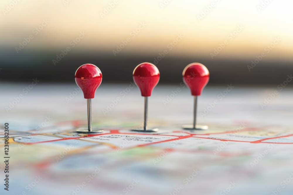 Three small red push pins indicating specific locations on a map. Each pin is in place, suggesting plans for visits or destinations. Three small red push pins indicating specific locations on a map. Each pin is in place, suggesting plans for visits or destinations.