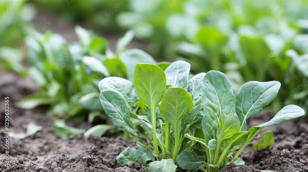 Close-up of green spinach plants in garden soil Close-up of green spinach plants in garden soil