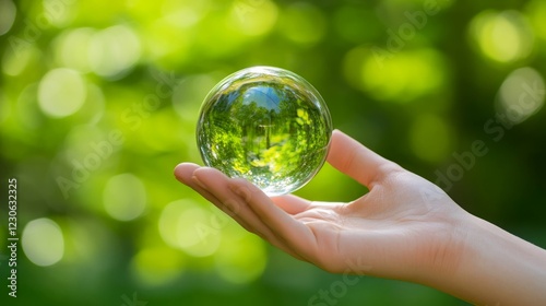 Close-up of a hand holding glass sphere against green nature background