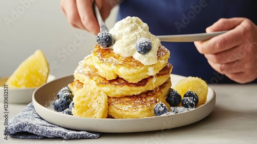   A close-up photo of a plate loaded with bananas and blueberries, with someone wielding a knife and fork in hand photo