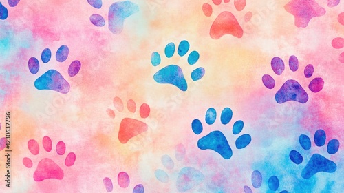Pastel-colored paw prints on a soft, watercolor background.