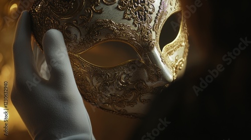 Elegant white venetian mask with gold details held by gloved hand in dim light