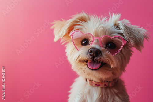 Valentine's Day dog Yorkshire terrier or lapdog with glasses in the shape of hearts on a pink background photo