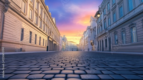 Fototapeta Naklejka Na Ścianę i Meble -  A stunning Renaissance city square at golden hour, surrounded by grand palaces with intricate frescoes and marble statues.