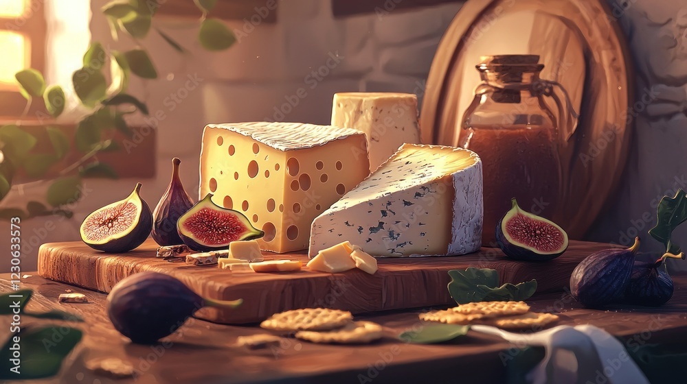 Rustic still life of cheese, figs, and honey. Rustic still life of cheese, figs, and honey.