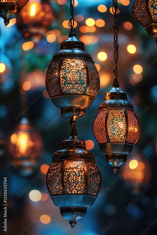 Decorative lanterns hanging from ceiling with intricate patterns, emitting warm glow against dark sky. Decorative lanterns hanging from ceiling with intricate patterns, emitting warm glow against dark sky.