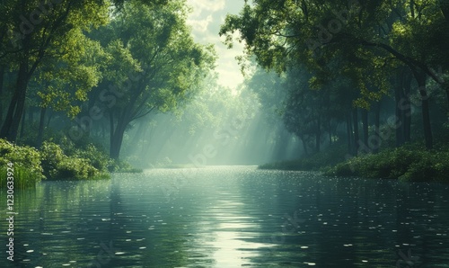 Serene river flowing through a misty green forest with sunlight beams.