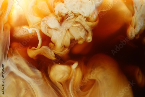 Refreshing coffee with ice and milk as background, closeup