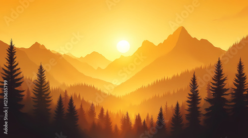 Golden sunset illuminating a forested mountain valley, creating a serene and breathtaking landscape. Amber Valley. Illustration