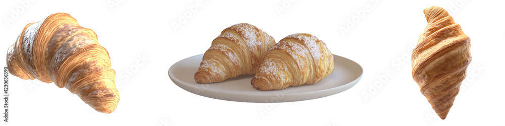 Fresh croissant on white plate isolated on transparent background, PNG, set of Fresh croissant on white plate isolated on transparent background, PNG, set of