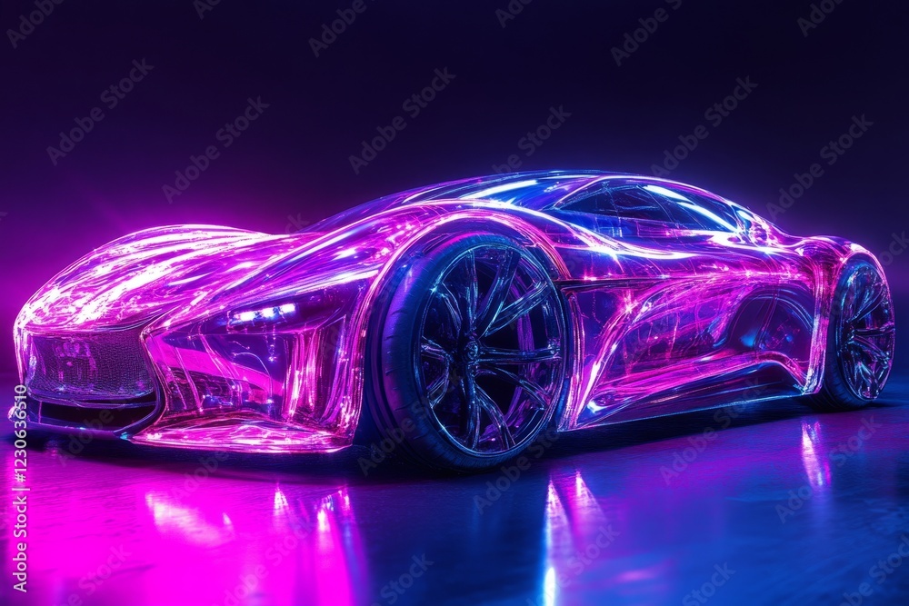 Naklejka premium A car with neon lights on it. The car is purple. The car is on a dark background