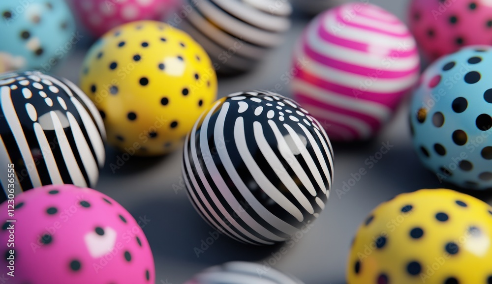 Fototapeta premium Colorful patterned spheres on gray surface.