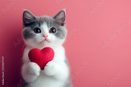 Cute japanese bobtail baby cat cub with diamond red heart - emblem of love, funny greeting card. Japanese bobtail - my treasured cat. Ad campaign creative art. Romantic red kitten. Fluffy cat. photo