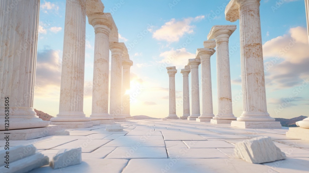 Fototapeta premium Stunning professional photography of an ancient Roman city at dawn, with grand marble columns, intricate mosaics