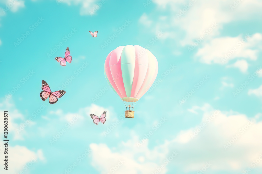 Fototapeta premium Colorful hot air balloon floats among butterflies in a clear blue sky during a sunny day with copy space