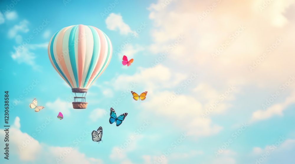 Fototapeta premium Colorful hot air balloon floats in a bright sky surrounded by vibrant butterflies during a sunny day with copy space