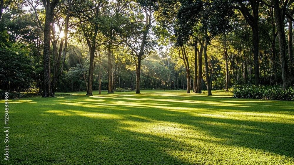 Obraz premium Sunlit park with lush green grass and tall trees casting shadows.