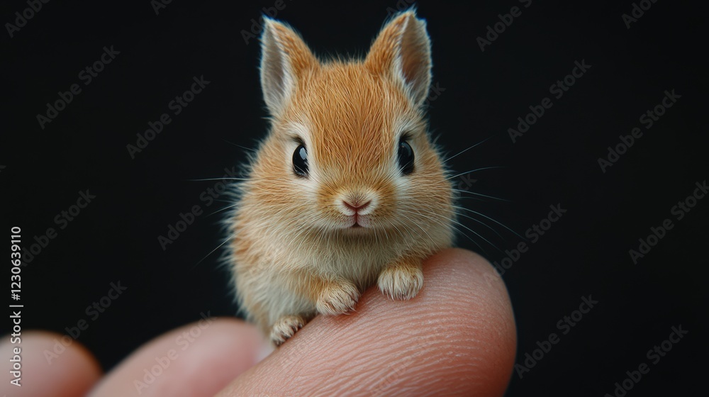 Tiny fluffy baby rabbit sitting on a human finger, looking adorable and delicate against a black background Tiny fluffy baby rabbit sitting on a human finger, looking adorable and delicate against a black background