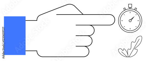 Hand pointing rightward at a clock with leaf below. Ideal for time management, deadlines, punctuality, environmental awareness, balance, priority setting, efficiency. Simple abstract line flat