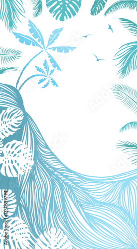 Vertical background palm trees and sea graphic lines. Hand drawing. Not AI, Vector illustration