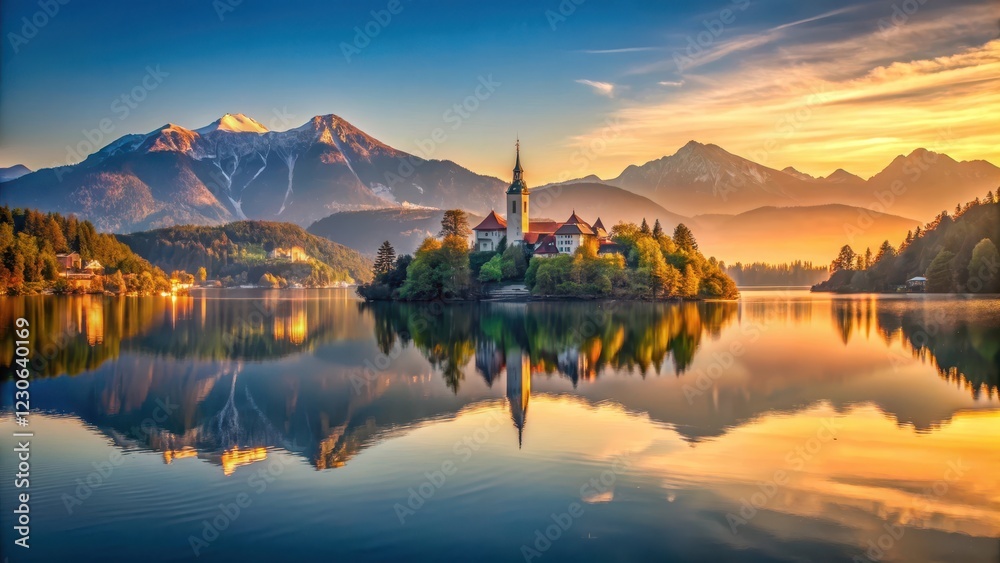 Obraz premium Panoramic lake Bled view at sunrise