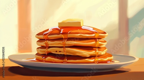 Fluffy pancakes piled on a plate, topped with a dollop of butter and sweet syrup. Perfect for a hearty breakfast. photo