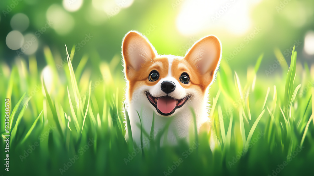 A joyful corgi puppy sits in green grass, basking in sunlight, radiating happiness and warmth in a serene outdoor setting. A joyful corgi puppy sits in green grass, basking in sunlight, radiating happiness and warmth in a serene outdoor setting.