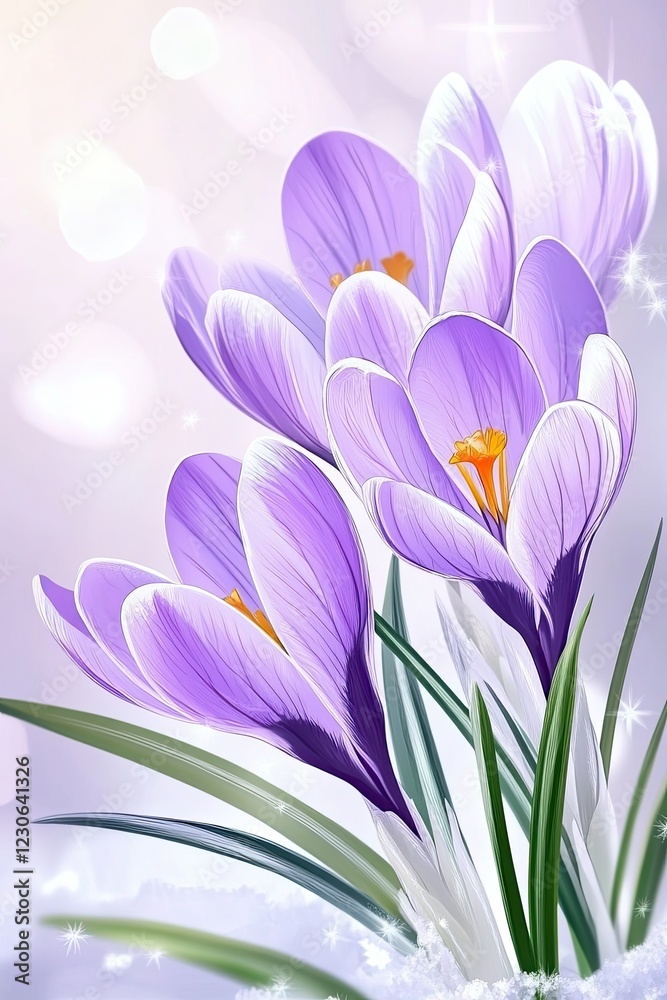 Naklejka premium Delicate purple crocuses bloom through melting snow under soft sunlight, creating a serene and refreshing atmosphere in early spring