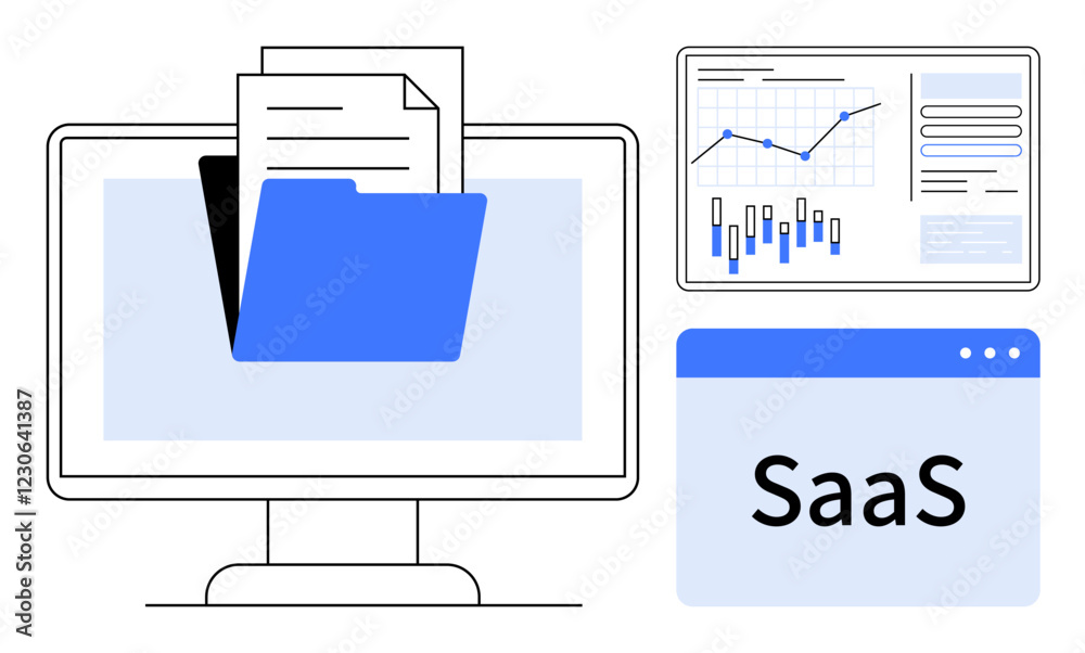 Computer monitor with folder and documents, analytics dashboard with graphs and charts, SaaS window. Ideal for data management, analytics, software services, cloud computing, business solutions Computer monitor with folder and documents, analytics dashboard with graphs and charts, SaaS window. Ideal for data management, analytics, software services, cloud computing, business solutions