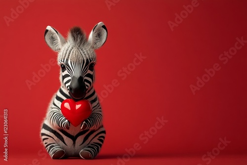 Cute zebra baby with diamond red heart - emblem of love, funny greeting card. Marketing visual design idea. Zebra - my beloved animal. Ad campaign conceptual art. Valentine's wildlife art. photo