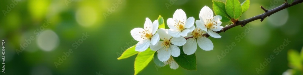Fototapeta premium White acacia blooms on a branch with lush foliage, tree blossoms, foliage, botanical garden
