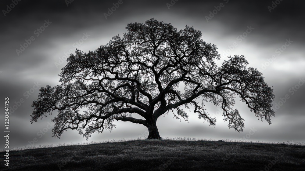Lone oak tree silhouette, hilltop, stormy sky, nature photography, website banner