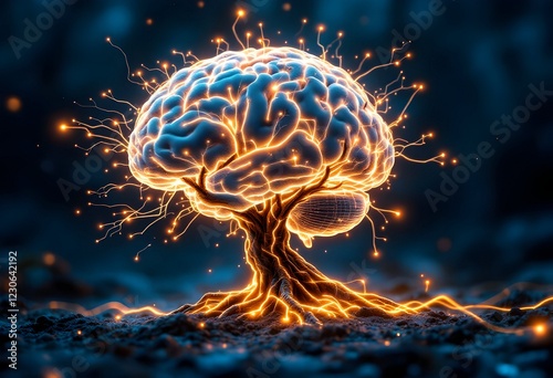 Glowing Brain Tree Digital Art Abstract Artwork