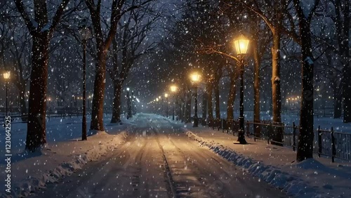 Evening Park with Bright Streetlights and Snow Falling Over Large Snowdrifts