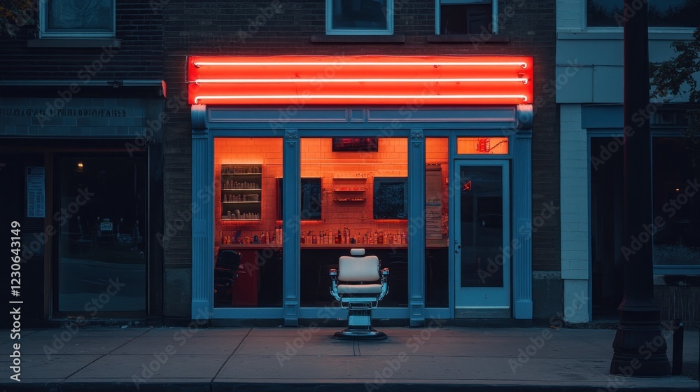 Naklejka premium Neon Sign Illuminates Empty Barbershop Chair