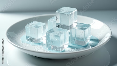 Fresh ice cubes melting on a white plate with scattered water droplets and reflections	