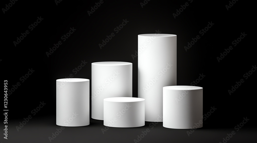 Five white cylindrical shapes of varying heights arranged against a black background, ideal for product displays or graphic designs. Five white cylindrical shapes of varying heights arranged against a black background, ideal for product displays or graphic designs.