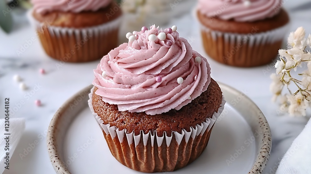 Cupcakes with pink frosting on plate, flower background Cupcakes with pink frosting on plate, flower background