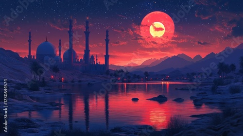 Desert Mosque at Sunset with Red Moon and Stars photo