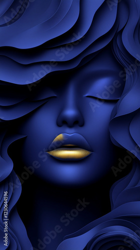 Beautiful elegant woman with long hair in paper cut style - dark blue and gold lipstick